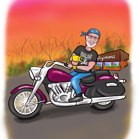 caricature of guy on motorcyle