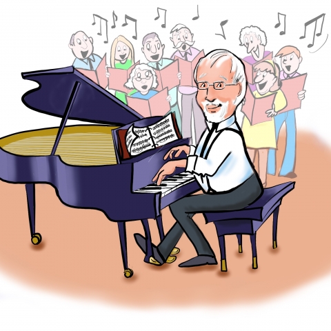 Guy playing piano with choir